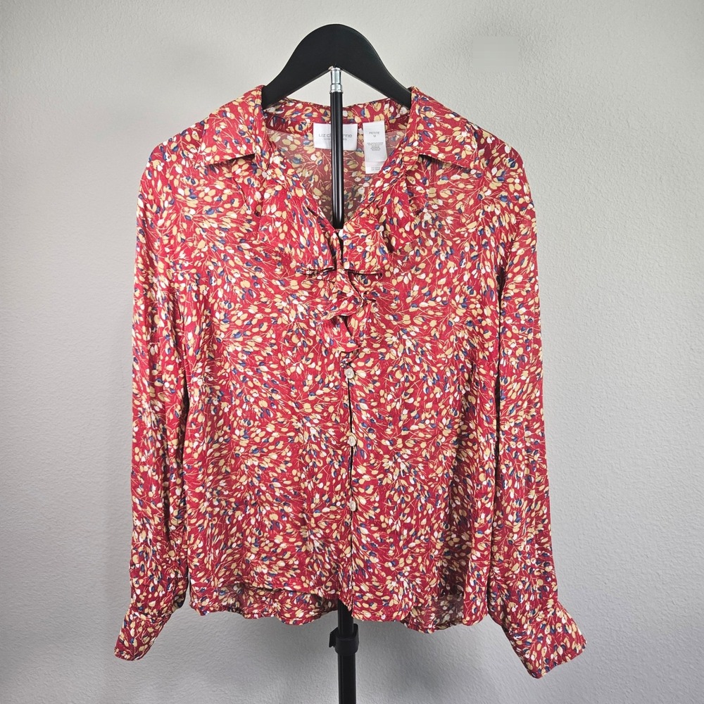 Liz Claiborne Button Down Women PM Red Floral Ruffle Rayon Blouse Cottagecore